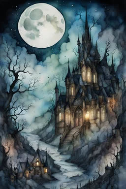 Lost Land of otherworldly dreams, fantasy, magic, watercolor, ink, acrylic, double exposure, mythological, great detail, mid-night, moon, fog, gothic gloom, art on a cracked paper, storybook detailed illustration, cinematic, ultra highly detailed, tiny details, beautiful details, mystical, luminism, vibrant colors