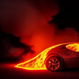 volumetric sweeping view of detailed shaded rendering of a car made of only molten lava, headlights, bumpers, whole car is lava