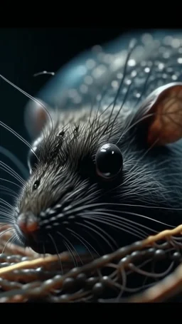 A hyperrealistic macro shot of a mouse out of a spider web, intricate details, soft natural light, screen captured from 4K Blu-ray