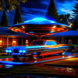 award winning car and driver digital 64k photorealistic image of a futuristic used UFO station wagon designed by an unknown alien civilization for sale in the front yard of a kentucky home, only one vehicle per image painted metallic orange traveling at a high rate of speed,the rear with bright blue flame, bilaterally symetrical