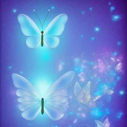 subtle transparent bright glitter blue butterfly, light, galactic, subtle flowers