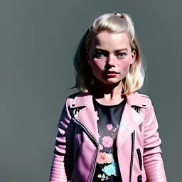 Margot Robbie toddler, full size, sneaker, leather jacket, floral shirt, soft skin, dramatic lighting, hyper realistic