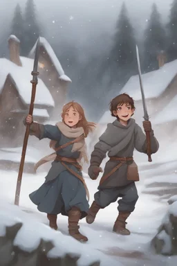 DnD style, two medieval peasant kids playing in the snow, female age 14 and male age 15, happy and playful, he has a short sword.