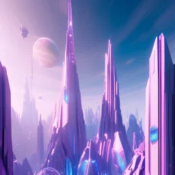 A very beautiful futuristic city, elegant, small crystal edifices, atmospheric, realistic, cinematic lighting, pink blue light, 8k, galactic atmosphere, flowers