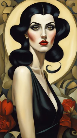 Fred Calleri, Tamara de Lempicka, Fabio Hurtado , retro style art ,muted colors, hard impressionists brushstrokes, full body portrait, mature, elegant vampire sorceress, highly detailed black hair and facial features, big round eyes, intimate, perfect anatomy, fading edges, combined with the photographic style of Diane Arbus