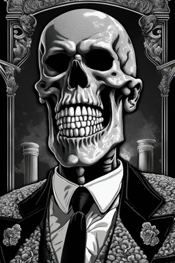 LINE TONE, WSJ STYLE, HEDCUT, ultra high image quality, HEAD AND SHOULDERS SHOT, SKELETON, WEARING A 3 PIECE SUIT, POSED FOR DOLLAR BILL PORTRAIT, , Close-up of an set against AMOLED-worthy pure black backdrop, fantasy art style infused with filter, tailored for vertical wallpaper, exclusive design with no duplicates, radiating beauty suitable for a PC screen image, vivid colors, ultra fine, digital painting, BASED ON THE UNITED STATES TREASURY NOTE ONE DOLLAR BILL