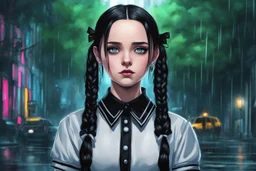 wednesday addams in 8k 2D anime realistic drawing style, Gothic them, neon effect, close picture, rain, highly detailed, high details, detailed portrait, masterpiece,ultra detailed, ultra quality