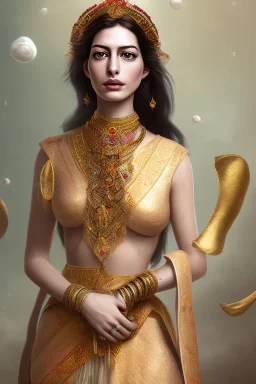 wonderful Anne Hathaway woman, wearing indian clothes, long black hair, 4k, many details, very realistic, render, fog particles,