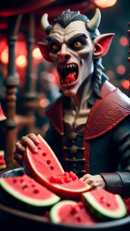 portrait of a vampire werewolf with mustage eating watermelon and the blood of fish on a viking ship, in the style of escher ,bokeh like f/0.8, tilt-shift lens 8k, high detail, smooth render, down-light, unreal engine, prize winning