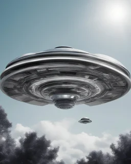 Design a futuristic, silver UFO hovering in a clear blue daytime, photorealism, surrealism, black and white photography, analog film, highly detailed