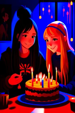 spiderman into the spider verse tarzı 17 yazan mum ile doğum günü kutlayan 2 kız birinin saçı kısa karakterlerin görüneceği kadar aydınlık soldaki kızın saçı daha kısa yüz ifadeleri değişsin