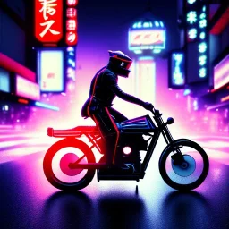 photo of a ninja riding a bike; in an alternate universe in tokyo; cyberpunk; realistic; rain; neon signs