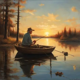 old man fishing in a rowboat with his dog sitting in the front seat, fishing pole, lake, sunset, setting sun glare, reflective, moody, nostalgic, cabin, matte oil painting, medium brush strokes, masterpiece, by Normal Rockwell