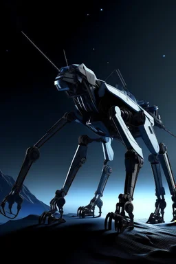 I want an image of a eight legged spiderlike mechanical walker mech scaling the side of mout everest at night, it has a smooth surface