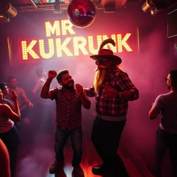 "MR Kukrunk" is Benny, and "DJ Roy" in a disco, dancing, "MR Kukrunk" on sign wall, disco light, strobe, smoke. disco ball, 1000 dancing people