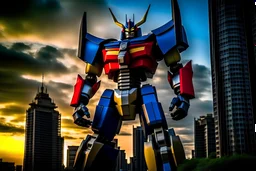 Grendizer Space Adventures giant robot in a future city, transformers vibe, perfectly centered, full body portrait, perfect eyes, 600mm lens, Sony Alpha α7, futurist, epic, dramatic, cinematic lighting, high contrast, 8k,Height: 30 meters Weight: 280 tons Neck Circumference: 7.5 meters Chest Circumference: 21 meters Arm Circumference: 7.2 meters Leg Circumference: 8.8 meters Arm Length: 10.5 meters Leg Length: 16.3 meters Performance Output: 1,800,000 horsepower Running Speed: 700 km/h Maximum