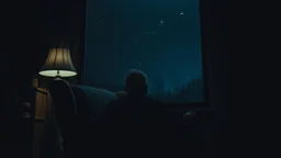 Melancholy theme picture. sometimes tha man at night stares out into the cold space, and something hurts the heart, something big thing miss. old man sitting in old armchair at home and looks into nothingness, melancholic mood, meaning of life, dark night, with two fade stars, detailed, gloomy, and surreal vibe. dark colors, cinematic