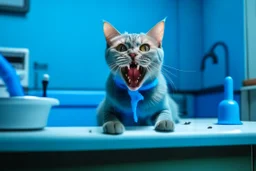 wide hd photo of a little blue cat, full body, smiling with her mouth open lying on the table in a medical context at the dentist. blood from her mouth stains her short white dress, room midle underwater,