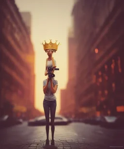 Statue of Queen of photography. Cute blonde woman. Photographer in golden crown. Standing on the street. Big camera in her hand. hyperdetailed, photorealistic, trending on artstation, greg rutkowski, beksinski, kodachrome, lomography, golden hour, bokeh, volumetric light