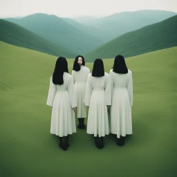 a group of women standing on top of a lush green hillside, inspired by Ren Hang, design milk, long black hair, whites, wanderers traveling from afar, trending on artisation, cloning spell, coat pleats, in twin peaks, submarine, by Helen Thomas Dranga, symetry, round-cropped, noire photo