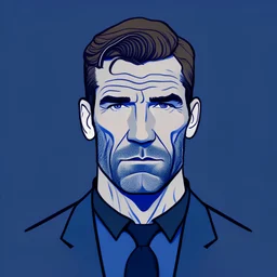 2d Illustration of a 40 year old handsome English man, front view, flat single dark blue background