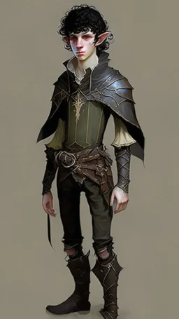 a teen elf. he has curly, black hair and sharp cheekbones. His eyes are black. He wears fantasy medieval clothes with boots. he is lean and tall, with pale skin. full body