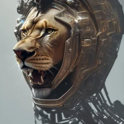 a lion face made with cyber punk elements wearing a medieval helmet, high detail, photo, kybernetic, 8k, ray-tracing