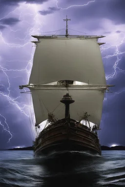 Ship front view with a Spider figurehead at night in a storm with giant waves