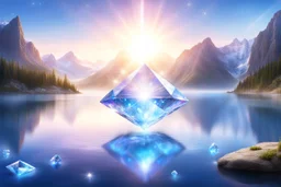 a magic diamond of light and bright suspended over a magic landscape with fairy nature and crystal lake