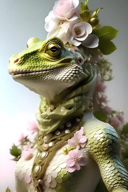 Beautiful Gecko green light pink gradient and gold King front wiev textured detailes skin, portrait, wearing rococo style with hate adorned with white spiders, beads, gold dust pearls organic bio spinal ribbed detail of rococo floral, white wicked background extremely detailed, athmoshpheric, hyperrealistic maximálist concept art