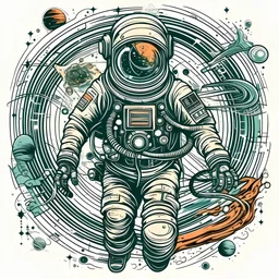 Vintage tshirt print design (on a white background:1.2), digital art of Retro Space Explorer navigating a cosmic sea, (Art Deco:1.2), highly detailed, 4k, masterpiece.