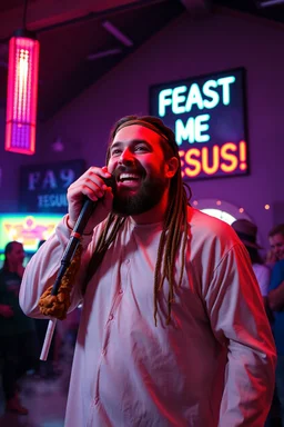 An "Kebab man" performing at dance club in a church, his name is "Kebab man" Happy and christian look, Talking to the holy Jesus, Neon lights and smog, "FEAST ME JESUS!" big sign on the wall