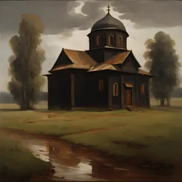 an oil painting in which, far away on a black earthen field, a small one-story, low, long, brick-and-white ancient Christian Russian church with a wooden roof is visible, after rain, clear sky, 17th century, with a small dome,style Andrey Rublev