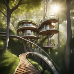 Four small residential tree house buildings with innovative architectural elements linked together by pedestrian bridges. They have a curved design and the ground below is inclined. He is made of glass, concrete and metal materials. one has a terrace, another balcony. The building is located in a forest environment. The sun's rays shine through the leaves of the trees.