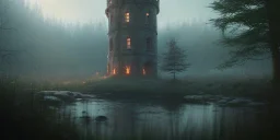 Ruined abandoned overgrown small castle tower in a dense coniferous forest, night, misty, atmospheric, fireflies