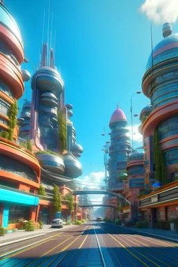 A colorful futuristic city with highly detailed features street view