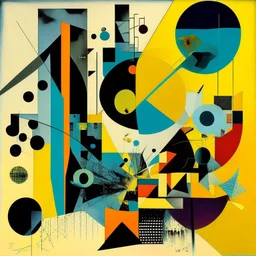 Abstract art, surreal fragmented composition by Ray Johnson and Victor Pasmore and Graham Sutherland and Vladimir Kush, biometric data graphs, primary sharp colors. precise colliding geometric shapes