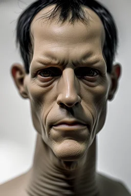 A thin professor man with sallow skin, a large hooked nose, yellow teeth, greasy black hair down to his shoulders and black eyes