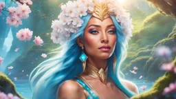 Close-up portrait of a gorgeous smiling skinny polynesian goddess with a golden dark shining skin, long smooth clear turquoise blue white hair, blue eyes, in a sci-fi outfit with luminous strikes blowing a kiss in a hill of flowers with sakura trees, a small torrent, loads of mini flowers, moss, sun rays through the branches, particles in the air at spring