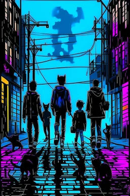 Black cat with two teenage boys and one punk girl with the cat walking on the night town street. Detailed picture, Street art style, dark colours, graphic style, fine art, Kandinsky style, Banksy style, Beksiński style
