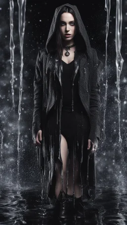 Full body and headshot of a young gothic woman dressed in clothing dripping like liquid, with no hat, with a multiverse background