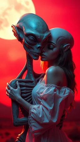 A beautiful girl hugging an ugly alien, they looks teach other with romantic themes background is a vivid red sky, and the lighting creates a dramatic and otherworldly atmosphere