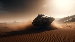 cinematic, a highly detailed spaceship flying through the dessert on mars, image capturing the dynamic and implied movement, establishing shot, menace coming, sand - storm, mars desert, peach light, movie still, Phantom High-Speed Camera style raw