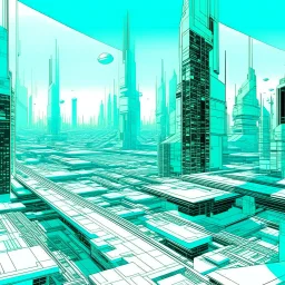 Digital illustration by Frank Miller of a futuristic and digital city, colors are white, light blue (#DBF0EC) and light green (#CCE7D5).