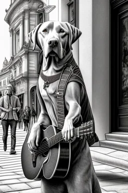 One single mature labrador, historic clothes, playing guitar in the street , Vienna, friendly, model style, hyper realistic, extremely accurate, delicate, extremely detailed, Graphic novel style, wide-angle, open aperture, superfine pencil