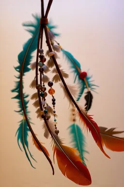 feathers and beads on leather string moving in the wind, warm colors, sharper details