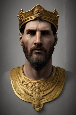 Realistic image, classic sculpture made in marble with gold veins, Lionel messi, gold laurel leaves crown, waist up portrait,marble material, gold ornaments, Renaissance style, sun rays background, epic, celestial, cinematic lighting, God lights, 4k resolution, smooth details, soft lighting, unreal engine 5, art station, substance 3d.