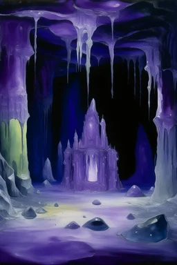 A purple crystal caverns with imps painted by Mark Rothko