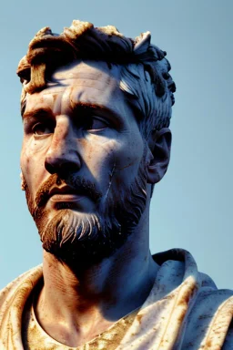 Realistic image, Roman sculpture made in white marble with gold veins, Lionel messi with gold laurel leaves crown, two blue brushes, decorative star on the chest, waist up portrait, marble material, gold ornaments, Baroque style, sun rays background, epic, celestial, cinematic lighting, God lights, 4k resolution, smooth details, soft lighting, unreal engine 5, art station, substance 3d.