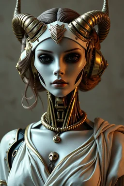 an automaton, doesn't have horns,a beautiful mechanical female demon, beautiful curves, made of ivory porcelain skin, with bronze gold trims, doll-like features, dressed in classical greek clothes, empty black eyes and unexpressive face, full figure, photorealism,face showing deep contemplation, highly detailed, cinematic lighting, Ray tracing